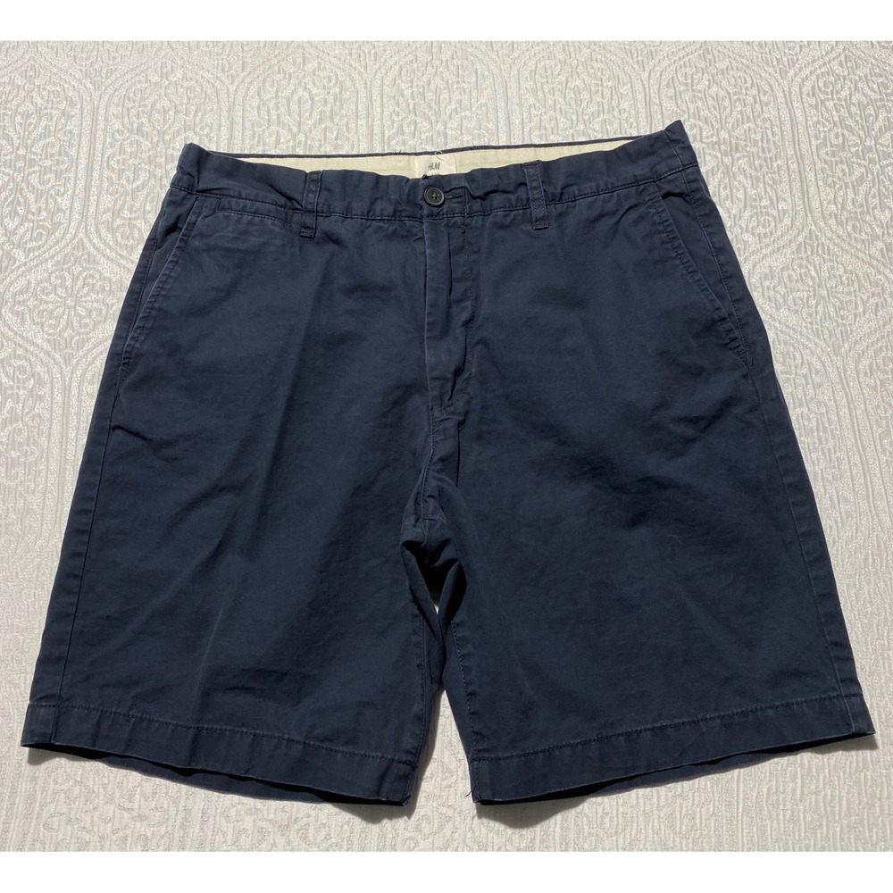 HM LOGG Mens Navy Blue Chino Shorts Size 34 Cotton Twill Casual Summer 0617249